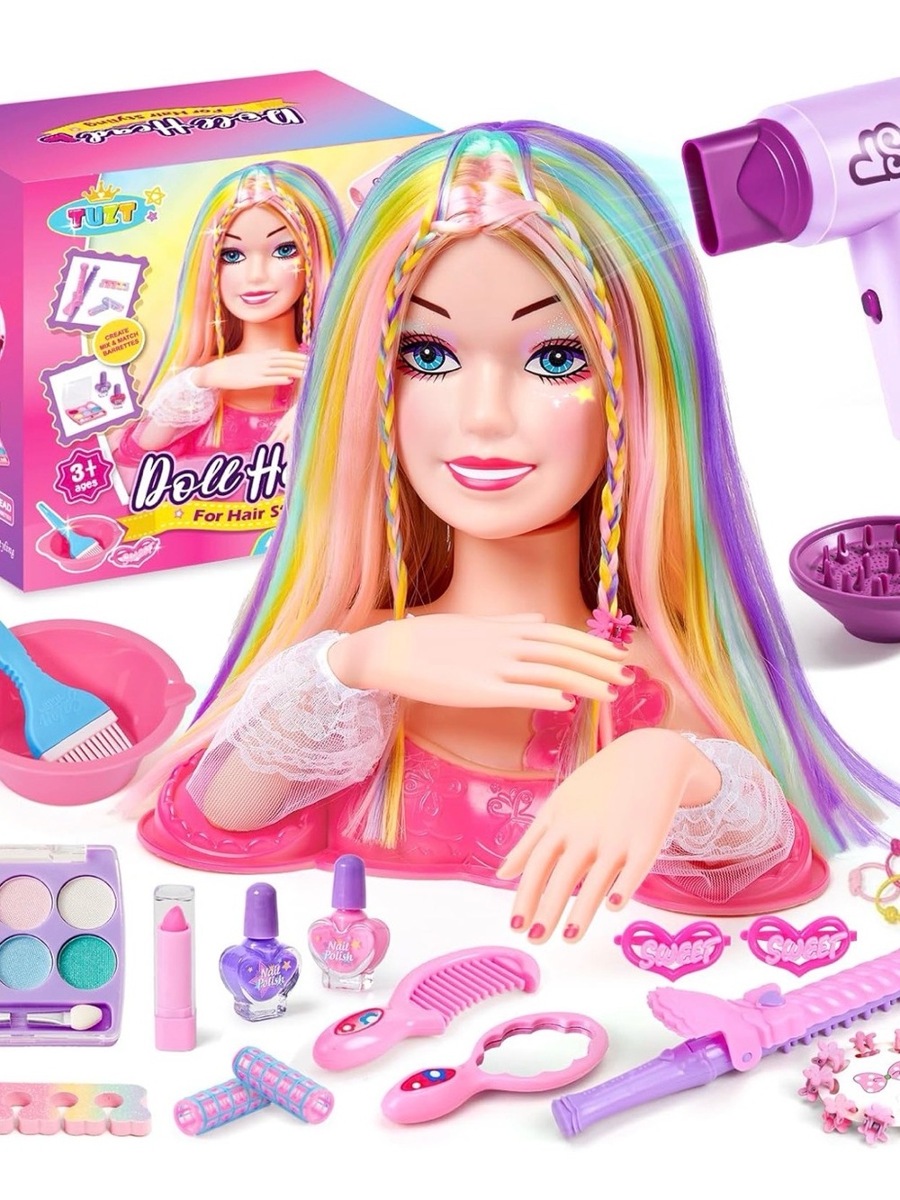 BNIB Styling Doll Head with Rainbow Hair - Kids Hair Playset
